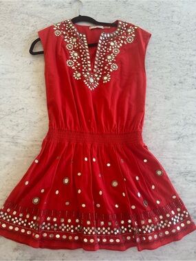 Alice and Olivia Red Embellished Short Dress with Mirror Details